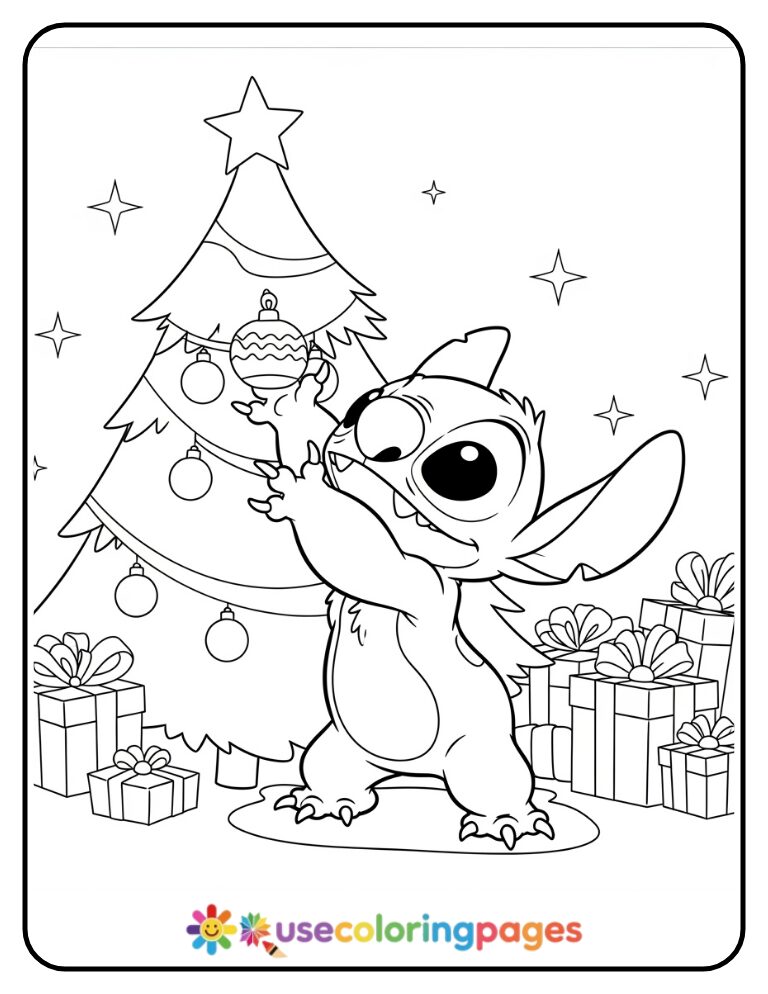 Stitch Decorating a Christmas Tree Coloring Page