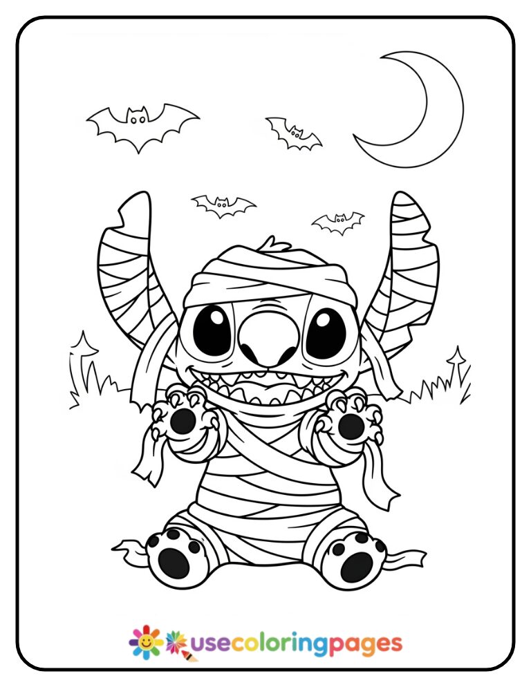 Stitch Dressed as a Mummy Halloween Coloring Page