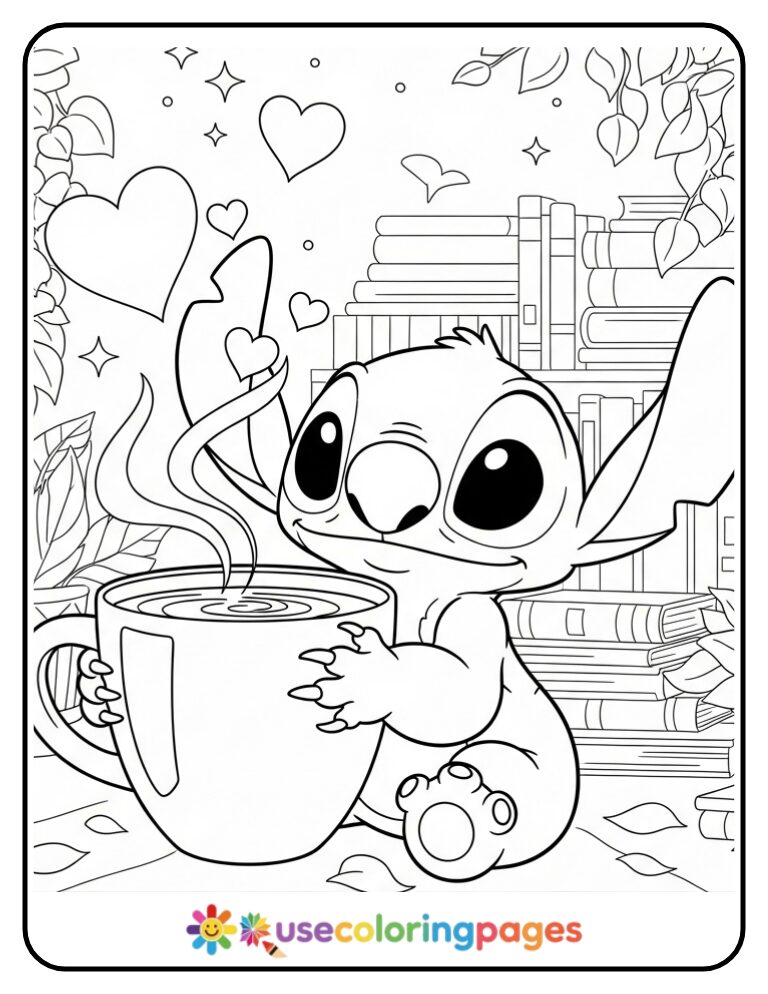 Stitch Holding a Coffee Mug with Heart Steam Coloring Page