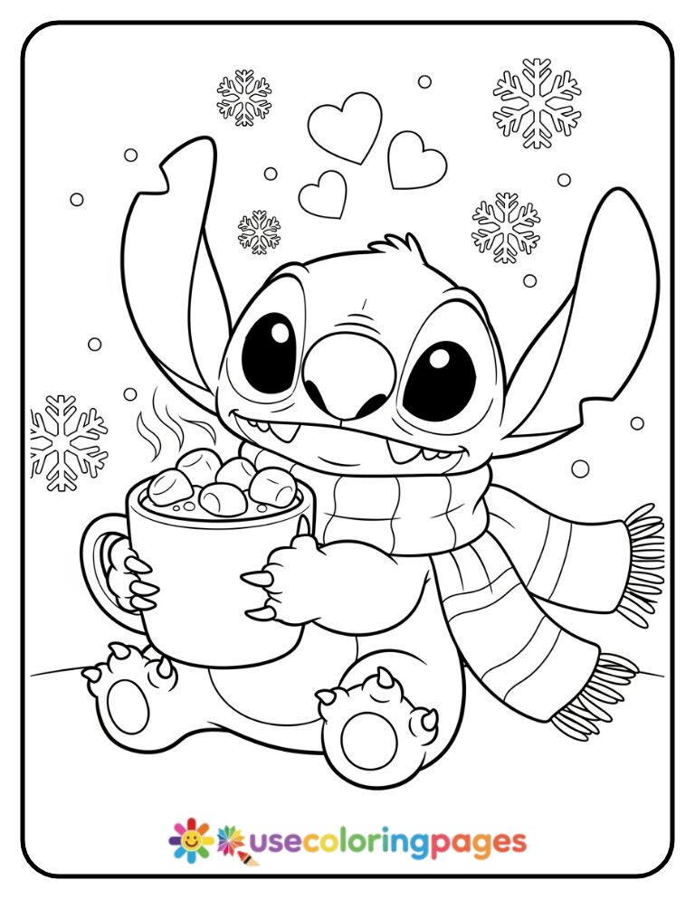 Stitch Holding a Cup of Hot Cocoa Coloring Page