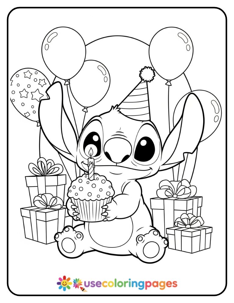 Stitch Holding a Cupcake with a Candle Coloring Page