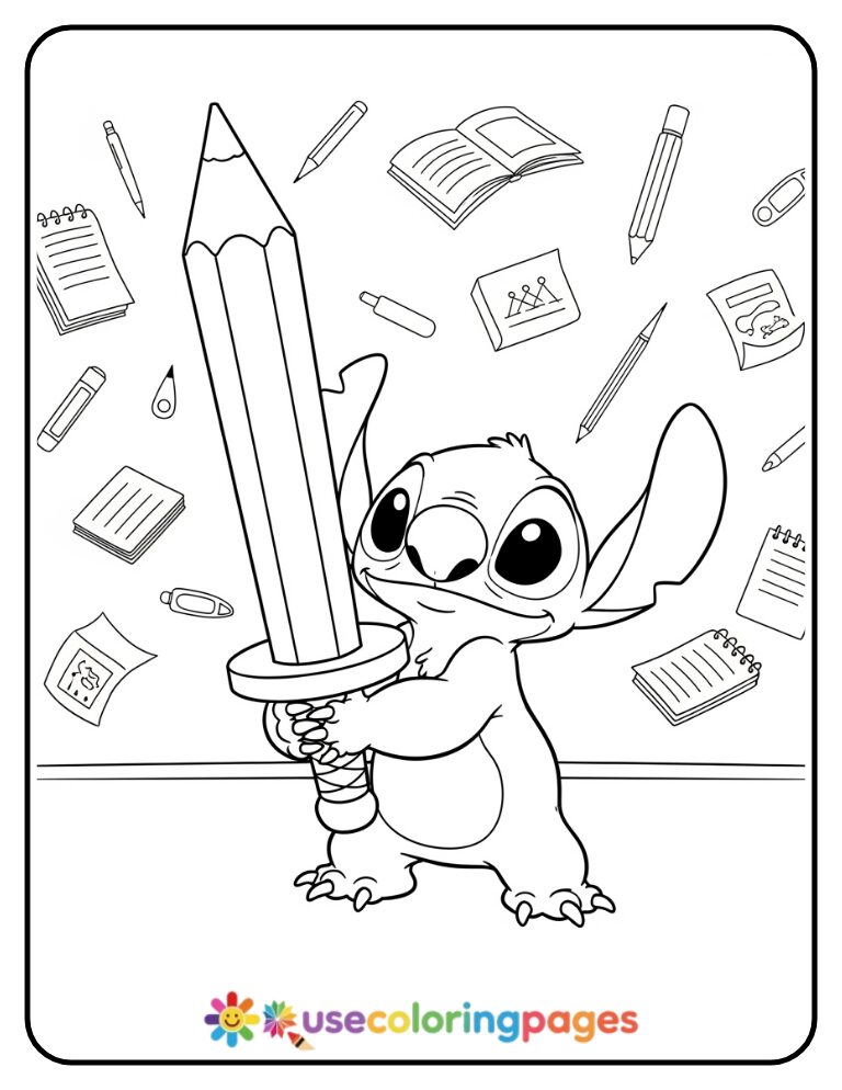 Stitch Holding a Giant Pencil Coloring Page for Adults
