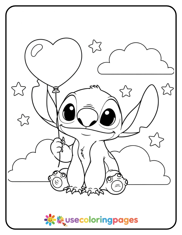 Stitch Holding a Heart Balloon Coloring Page For Girls Printable