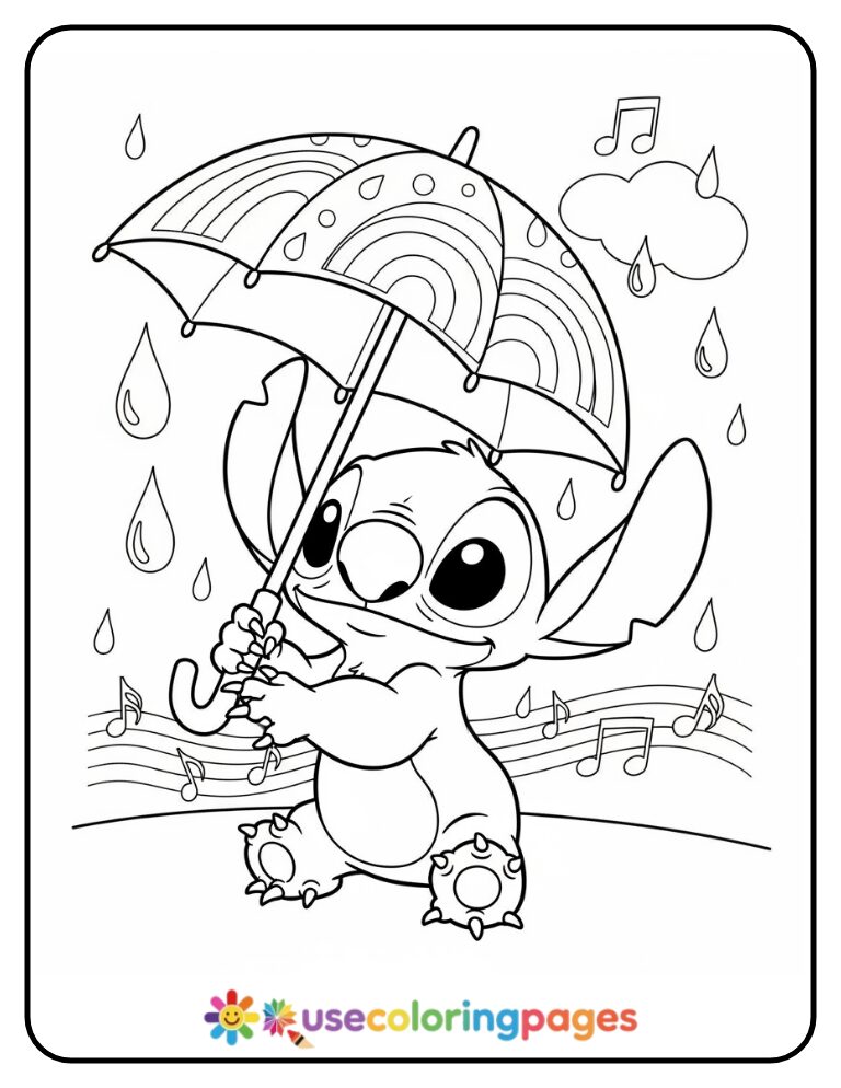 Stitch Holding a Rainbow Umbrella Coloring Page