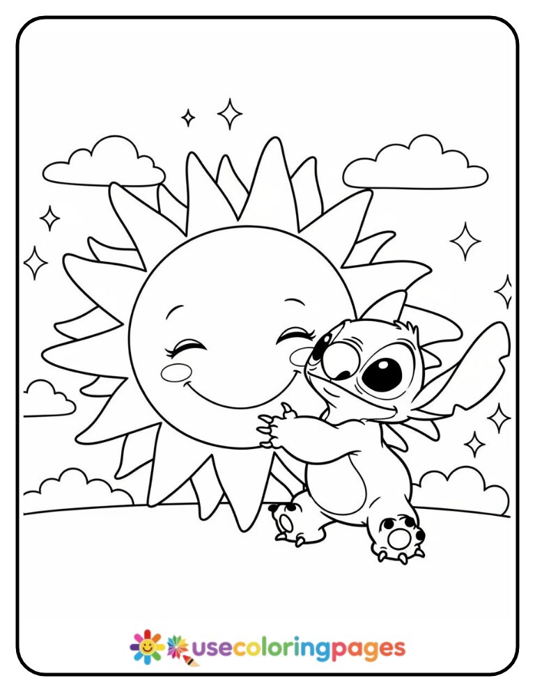 Stitch Hugging a Smiling Sun Coloring Page
