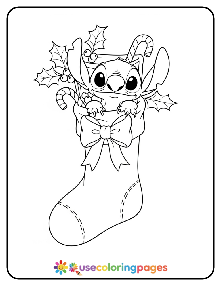 Stitch Inside a Christmas Stocking Coloring Page