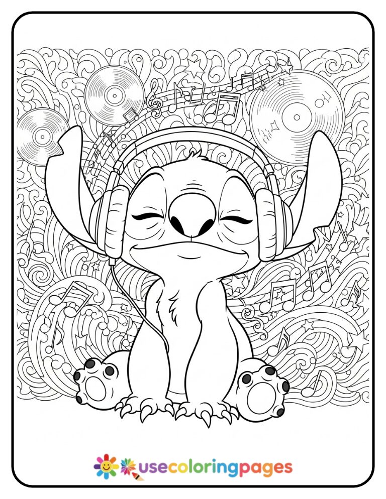Stitch Listening to Headphones Coloring Page for Adults