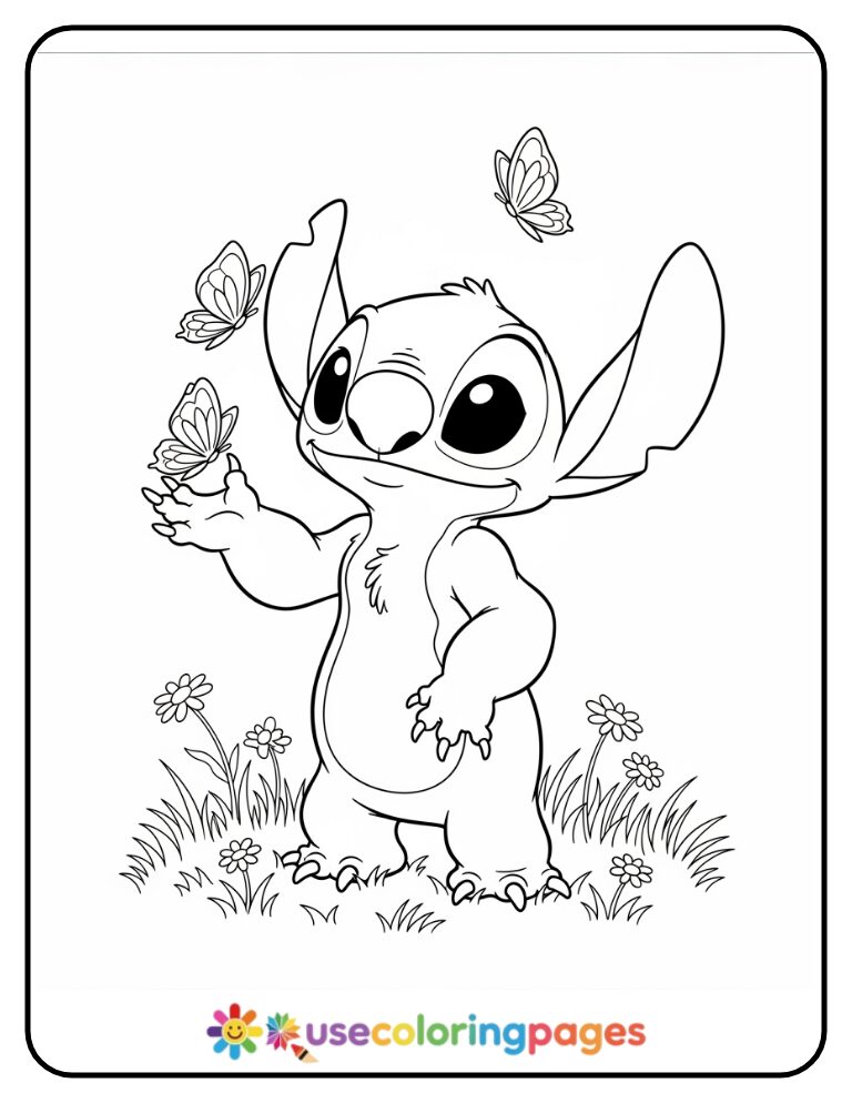 Stitch Playing with Butterflies Coloring Page for Girls