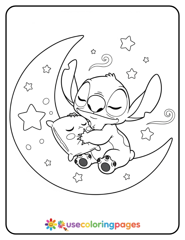 Stitch Sitting on a Crescent Moon Coloring Page For Girls
