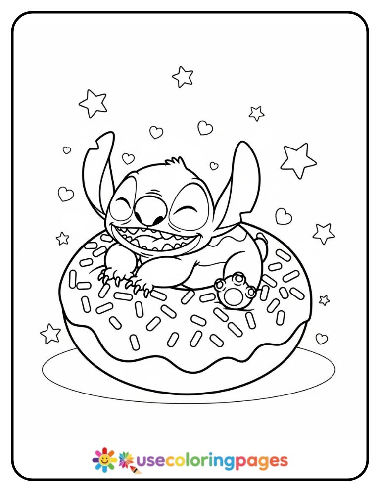 Stitch Sitting on a Giant Donut Coloring Page For Girls