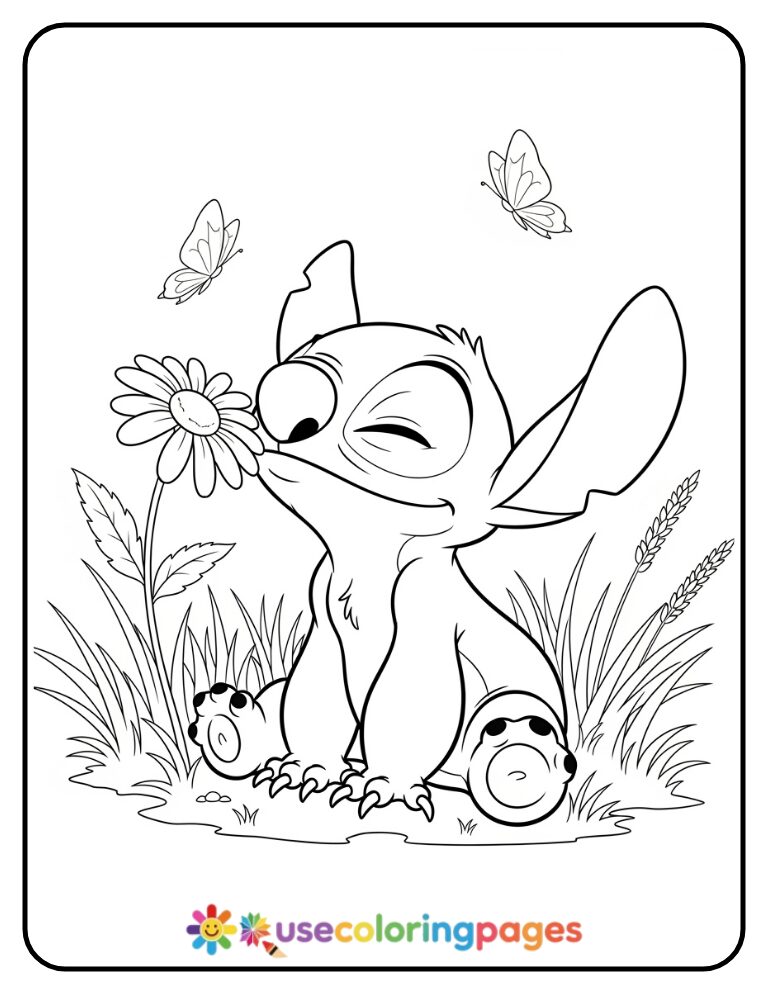 Stitch Smelling a Flower Coloring Page