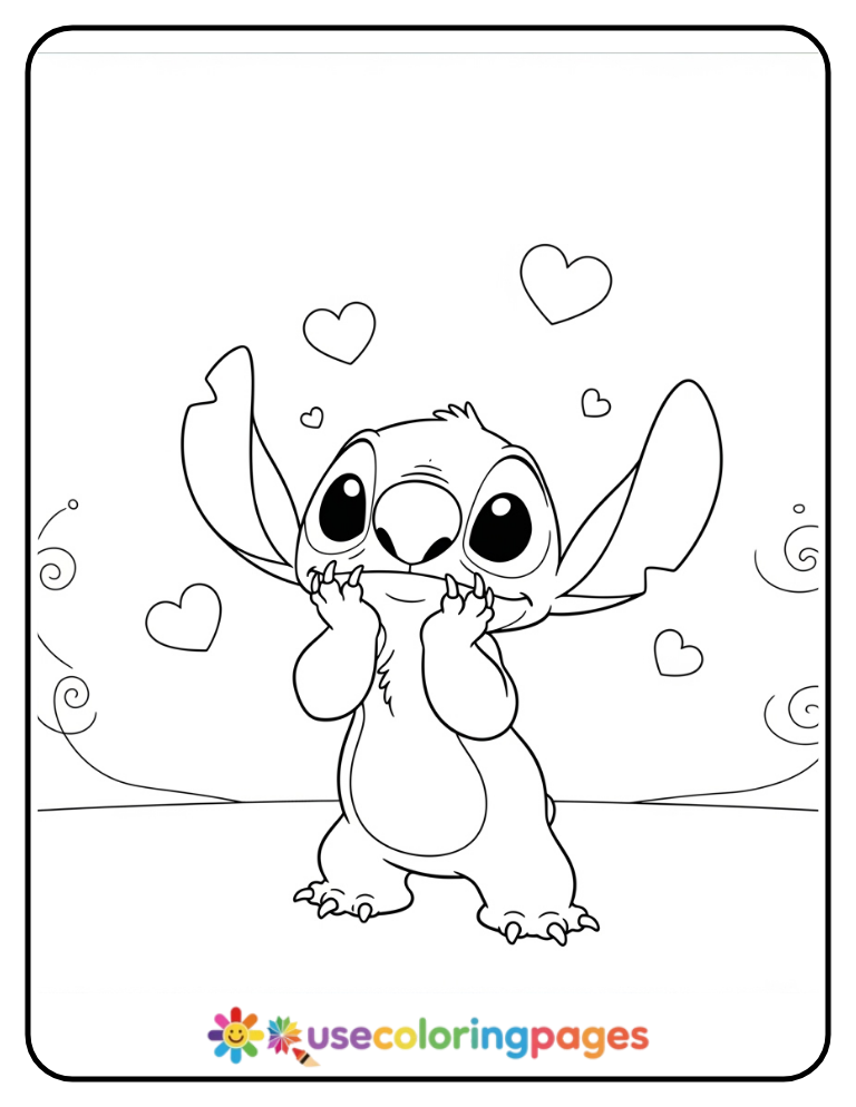 Stitch Surrounded by Floating Hearts Coloring Page