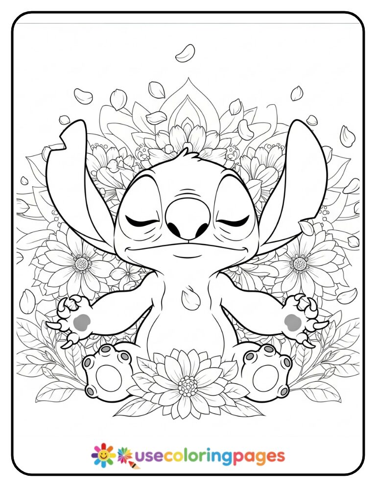 Stitch Surrounded by Mandala Flowers Coloring Page