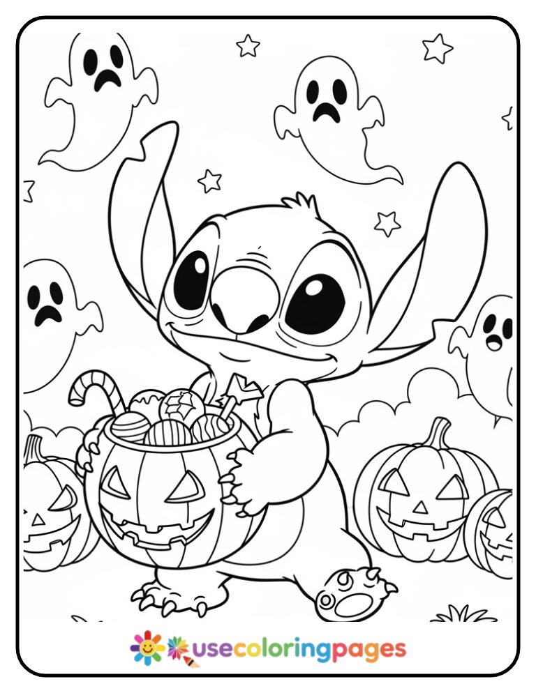 Stitch Trick-or-Treating with Candy Bucket Coloring Page