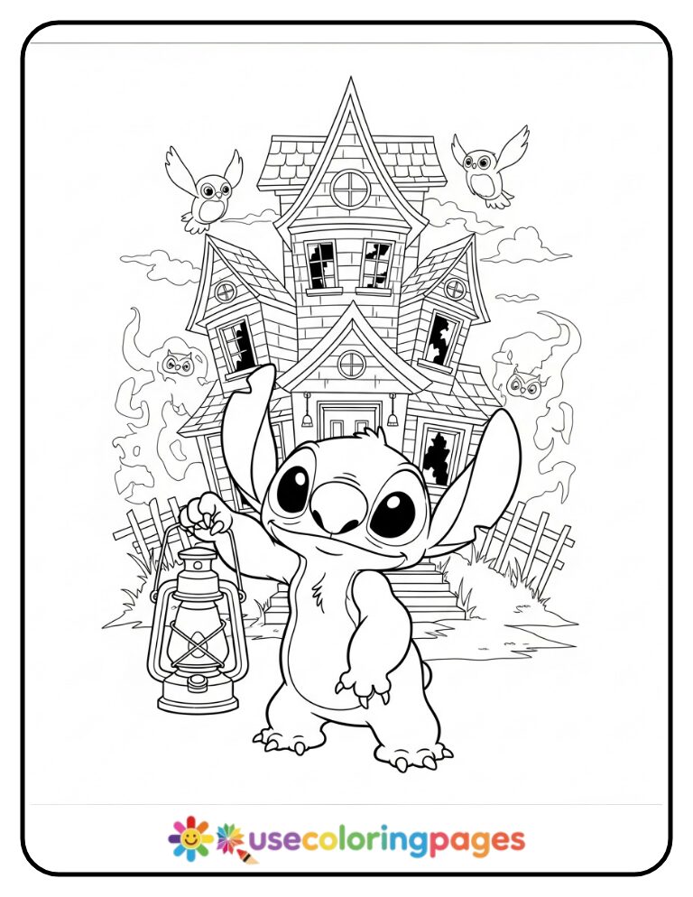 Stitch With a Haunted House in the Background Coloring Page