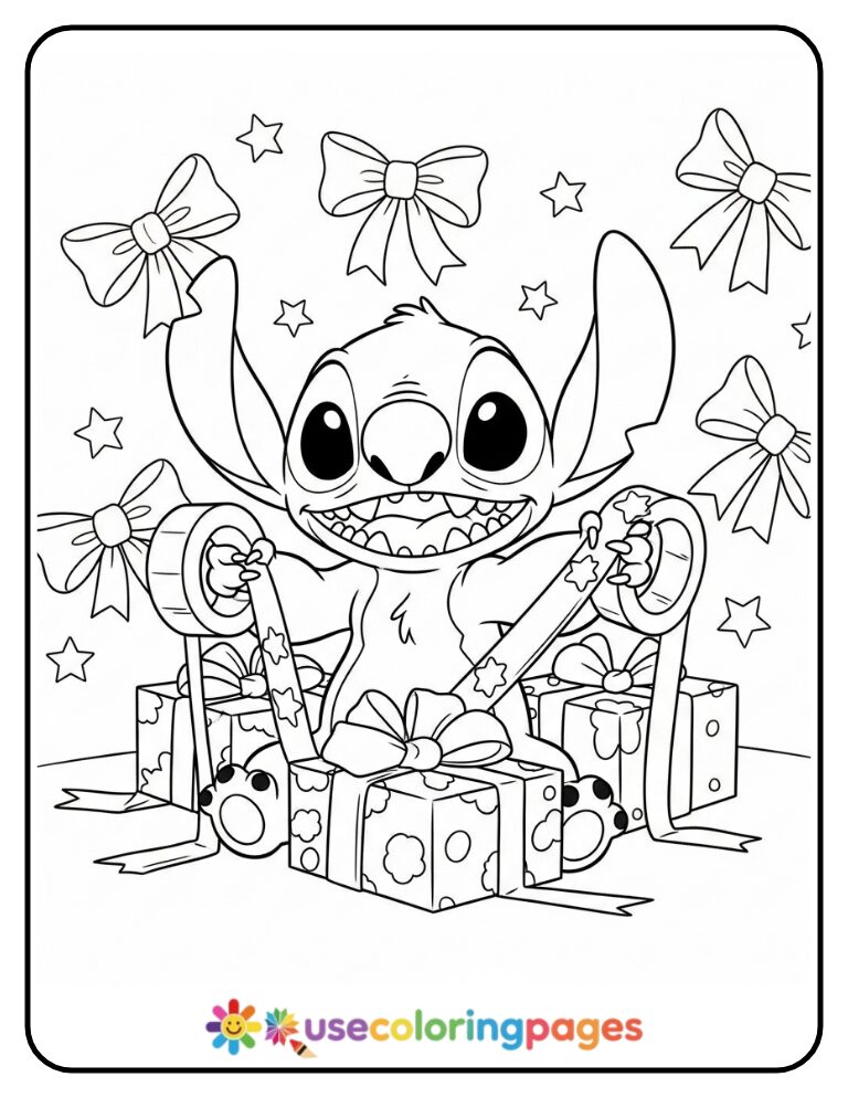 Stitch Wrapping Christmas Presents Coloring Page