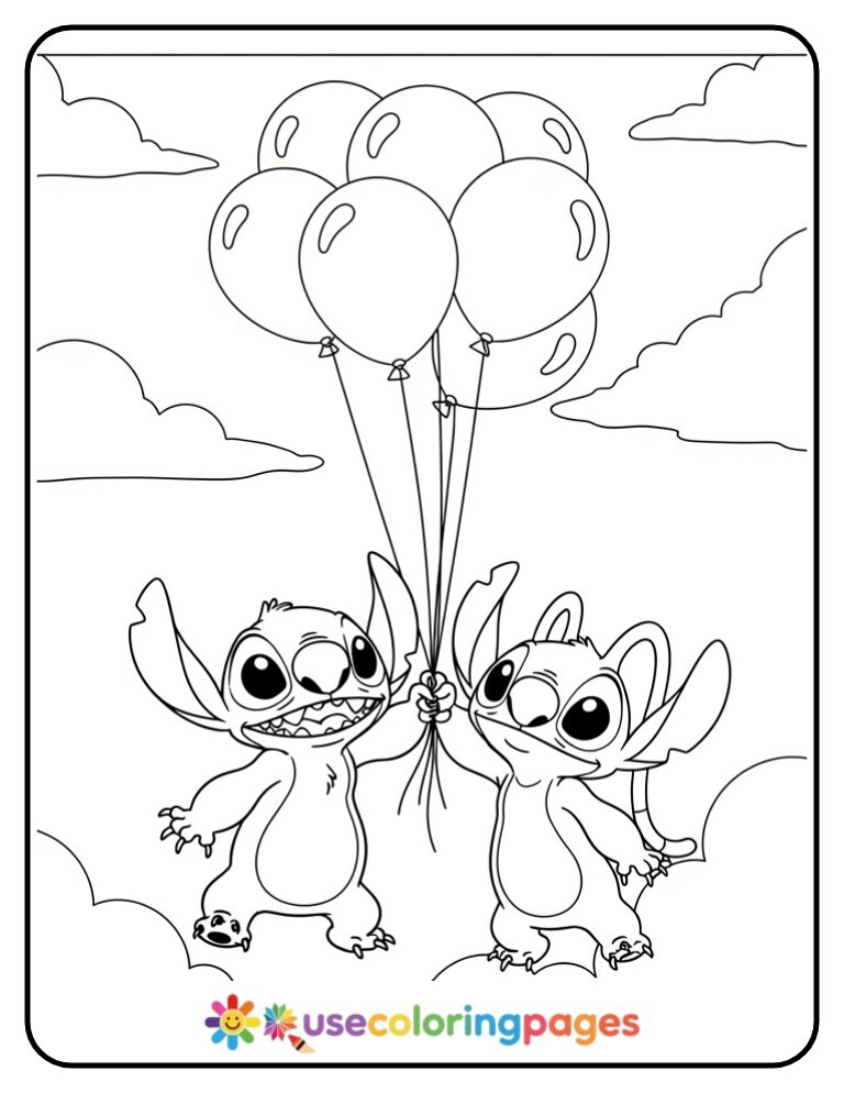 Stitch and Angel Playing with Balloons Coloring Page