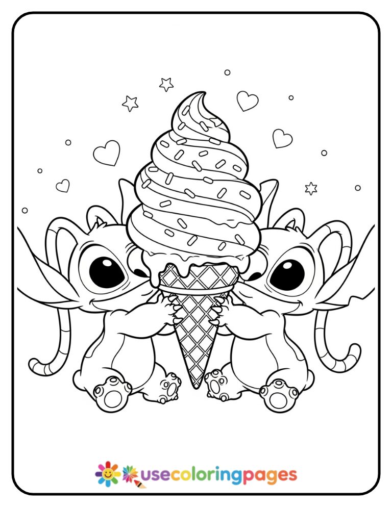 Stitch and Angel Sharing Ice Cream Coloring Page