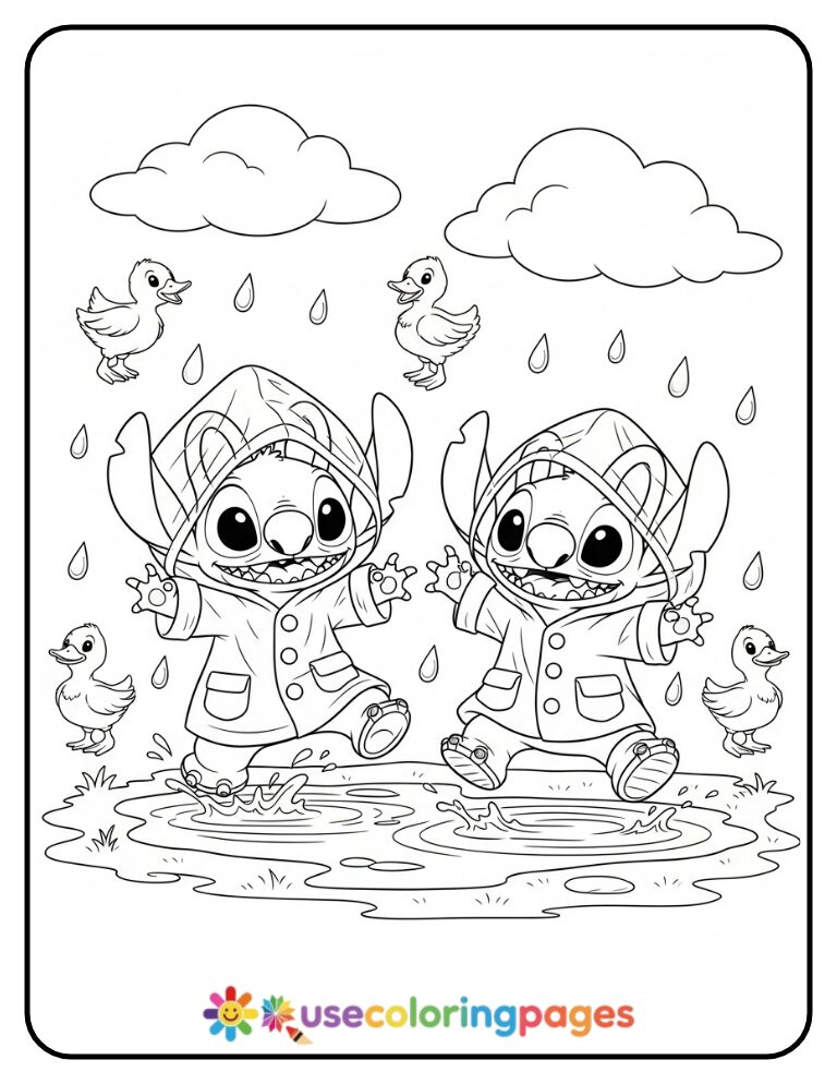 Stitch and Angel Splashing in a Puddle Coloring Page