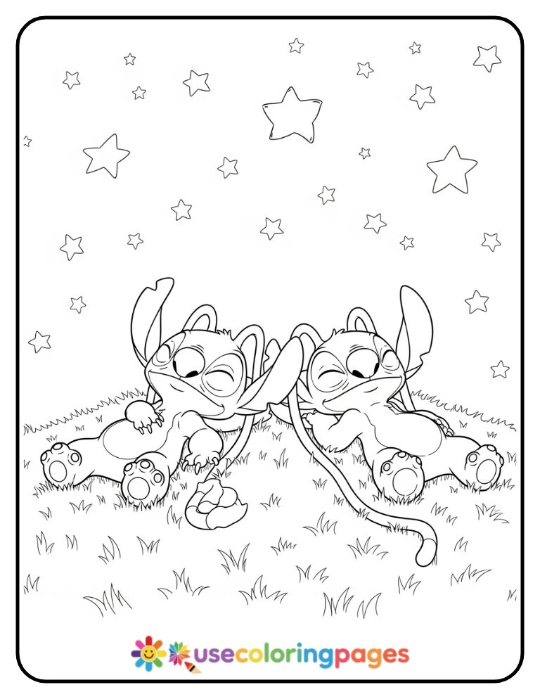 Stitch and Angel Stargazing on a Hill Coloring Page