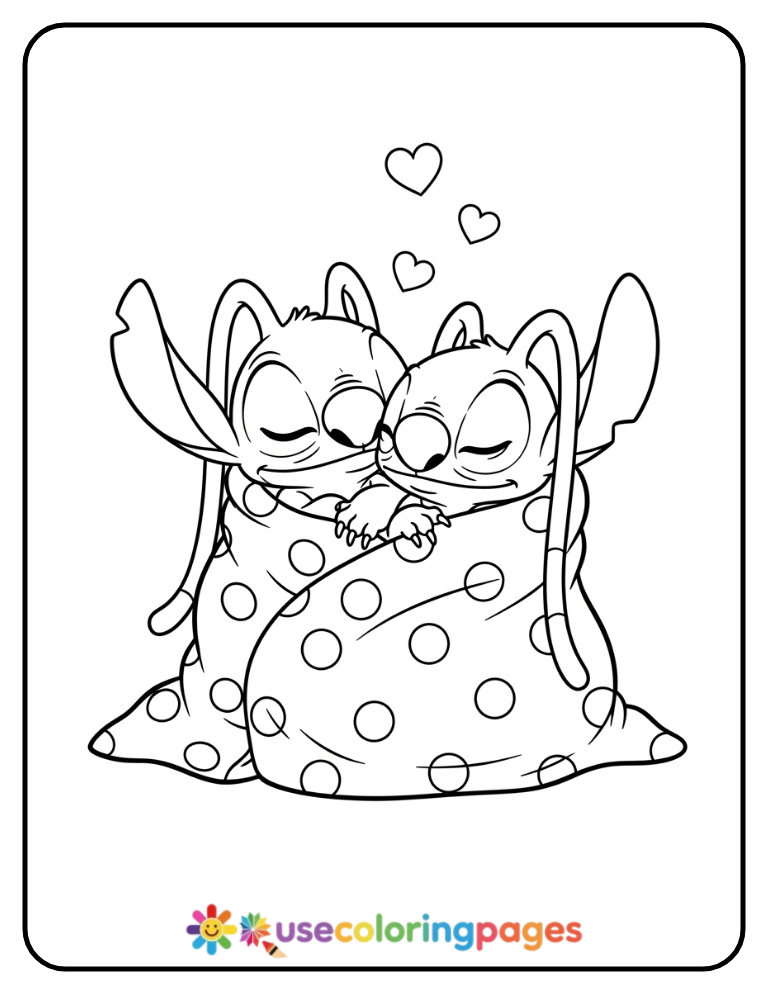Stitch and Angel Wrapped in a Blanket Coloring Page