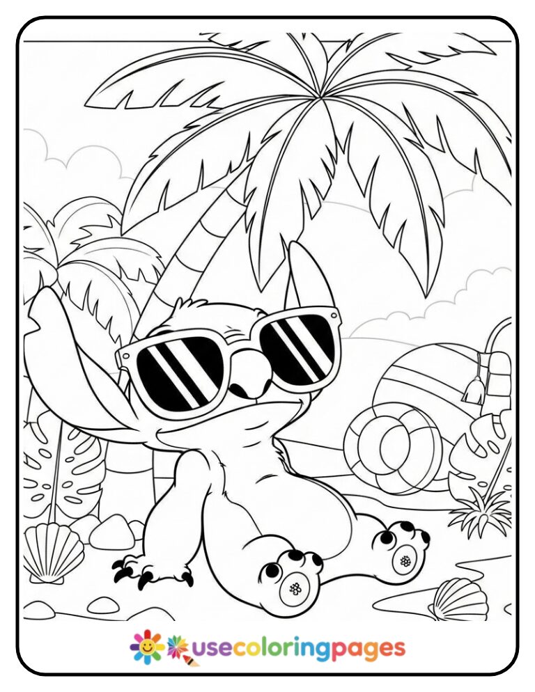 Stitch in Sunglasses Under a Palm Tree Coloring Page