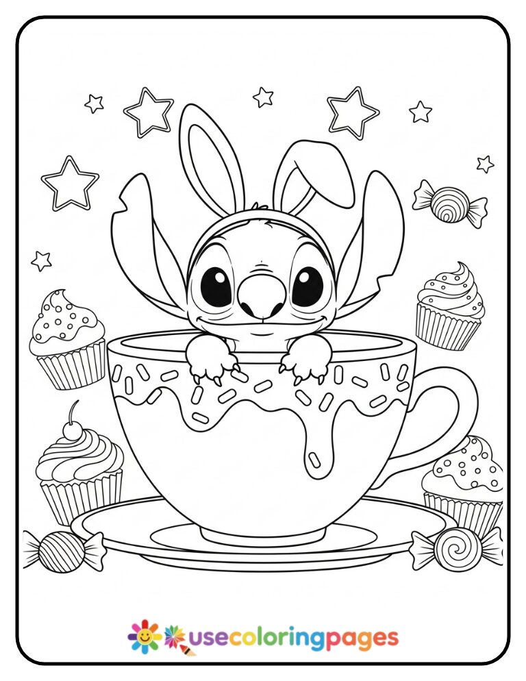 Stitch in a Teacup Coloring Page For Girls Printable