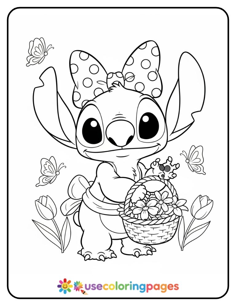 Stitch with a Big Bow and Flower Basket Coloring Page