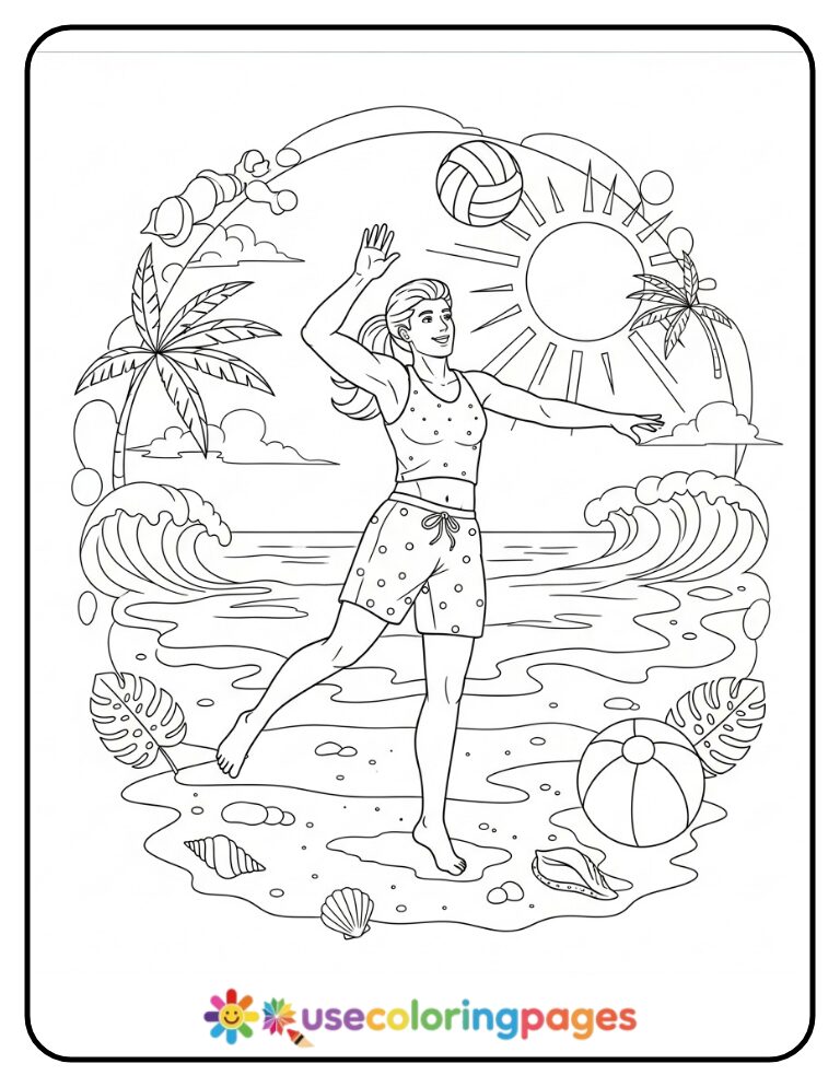 Summer Beach Volleyball Coloring Page Printable