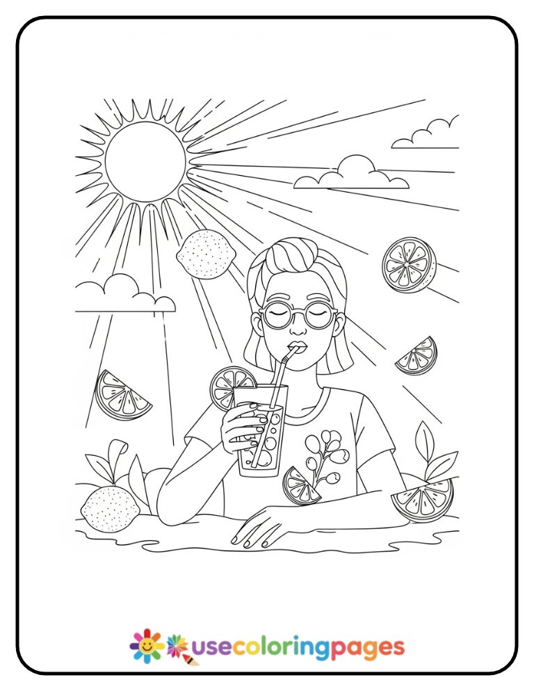 Summer Lemonade Sipping Coloring Page Printable