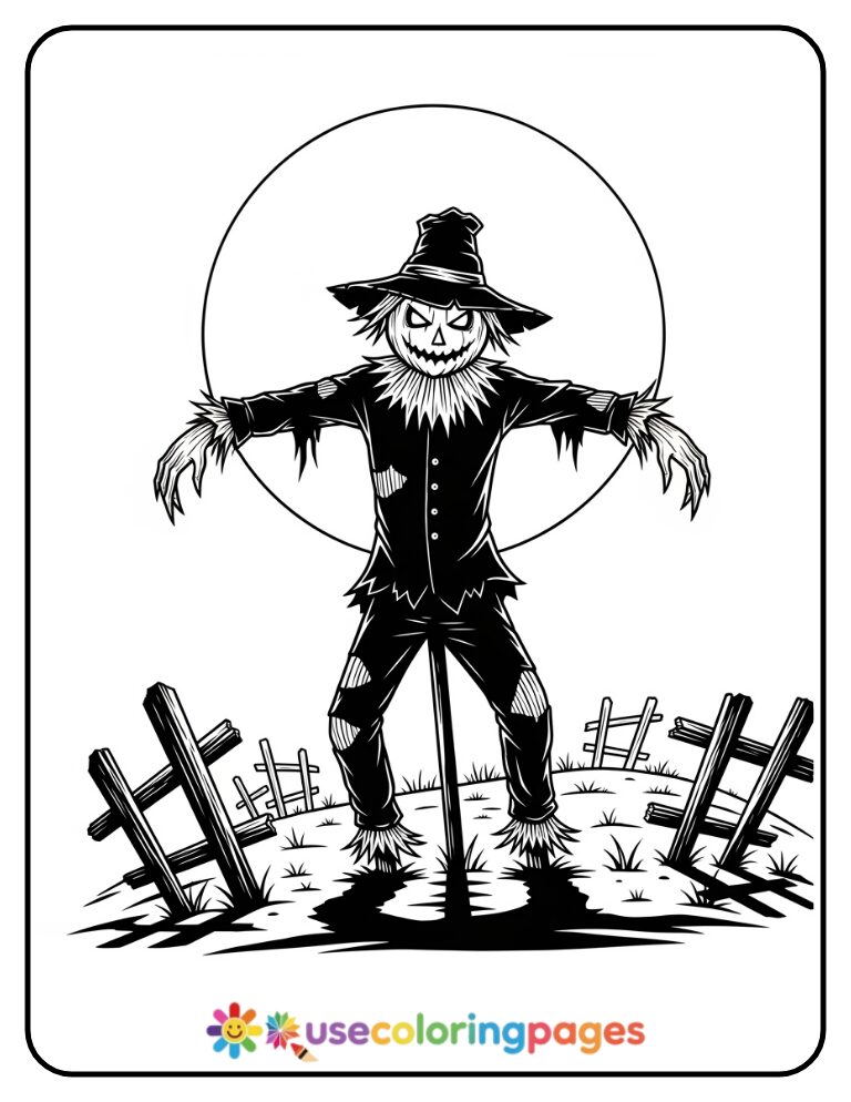 Tattered Scarecrow in Field Coloring Page Printable