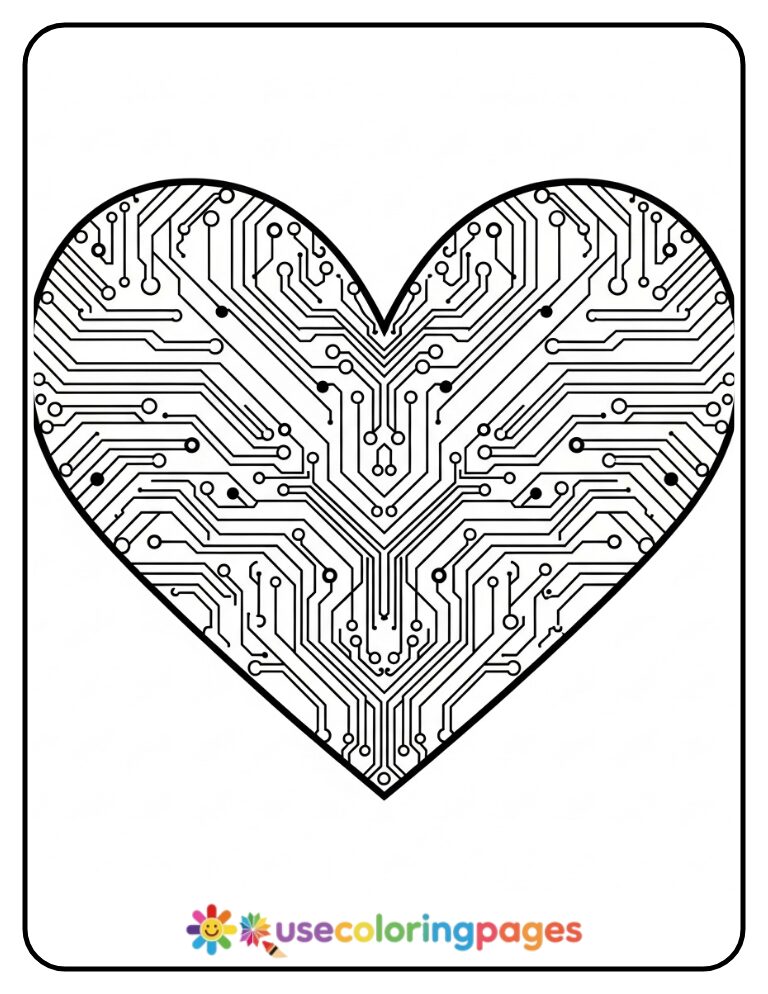Techno Circuit Heart Coloring Page