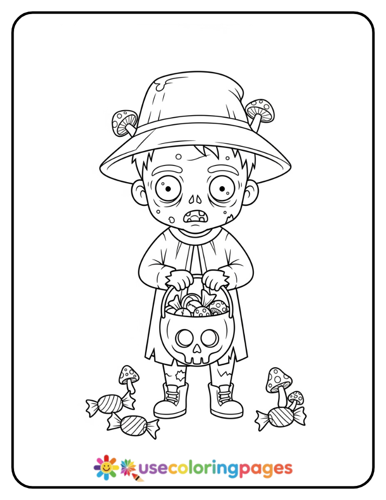Trick-Or-Treater Zombie Coloring Page Printable