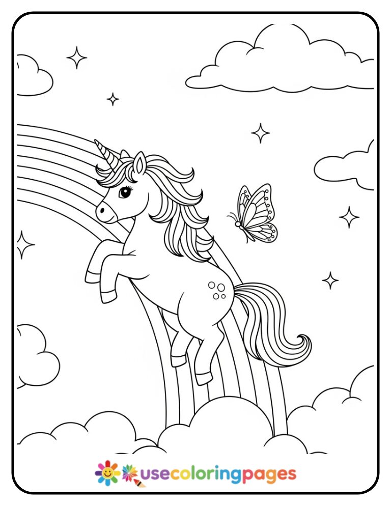 Unicorn And Butterfly On Rainbow Slide Coloring Page