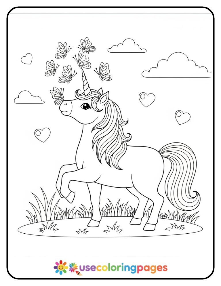Unicorn Balancing Butterflies On Nose Coloring Page