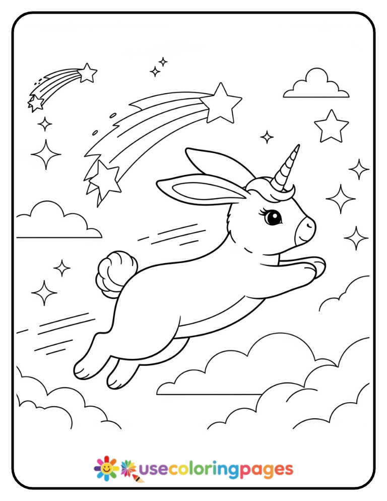 Unicorn Bunny Playing with Shooting Stars Coloring Page