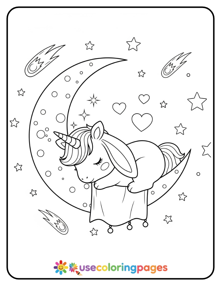 Unicorn Bunny Sitting on a Moon Crescent Coloring Page