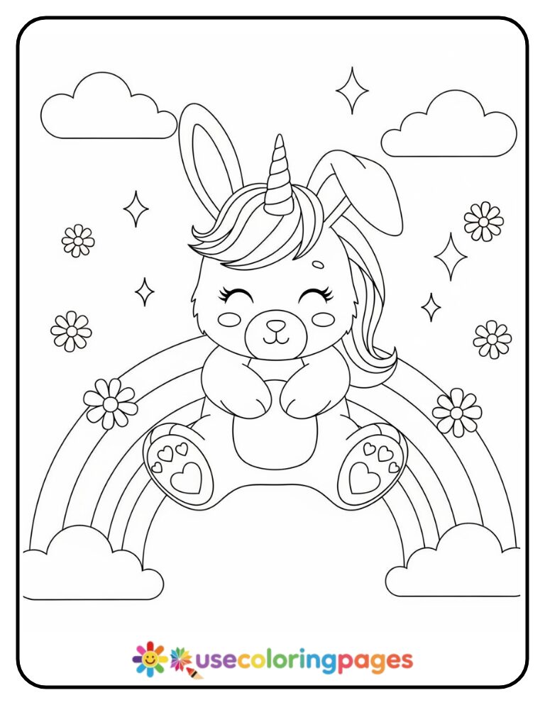 Unicorn Bunny Sitting on a Rainbow Coloring Page