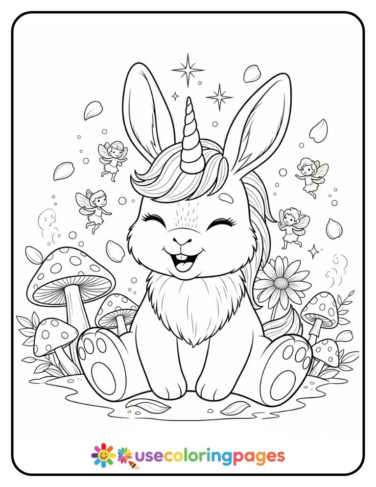 Unicorn Bunny and Fairy Friends Coloring Page