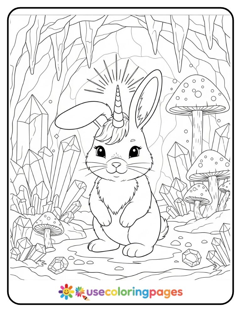 Unicorn Bunny in a Crystal Cave Coloring Page