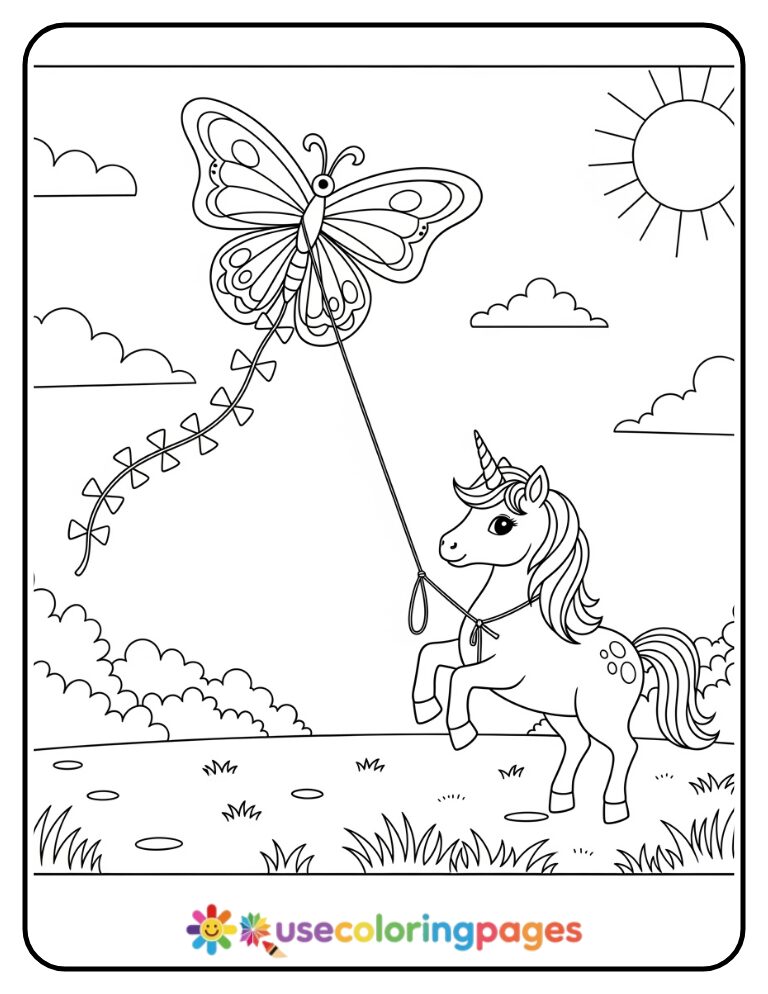 Unicorn Flying Kite With Butterfly Tails Coloring Page