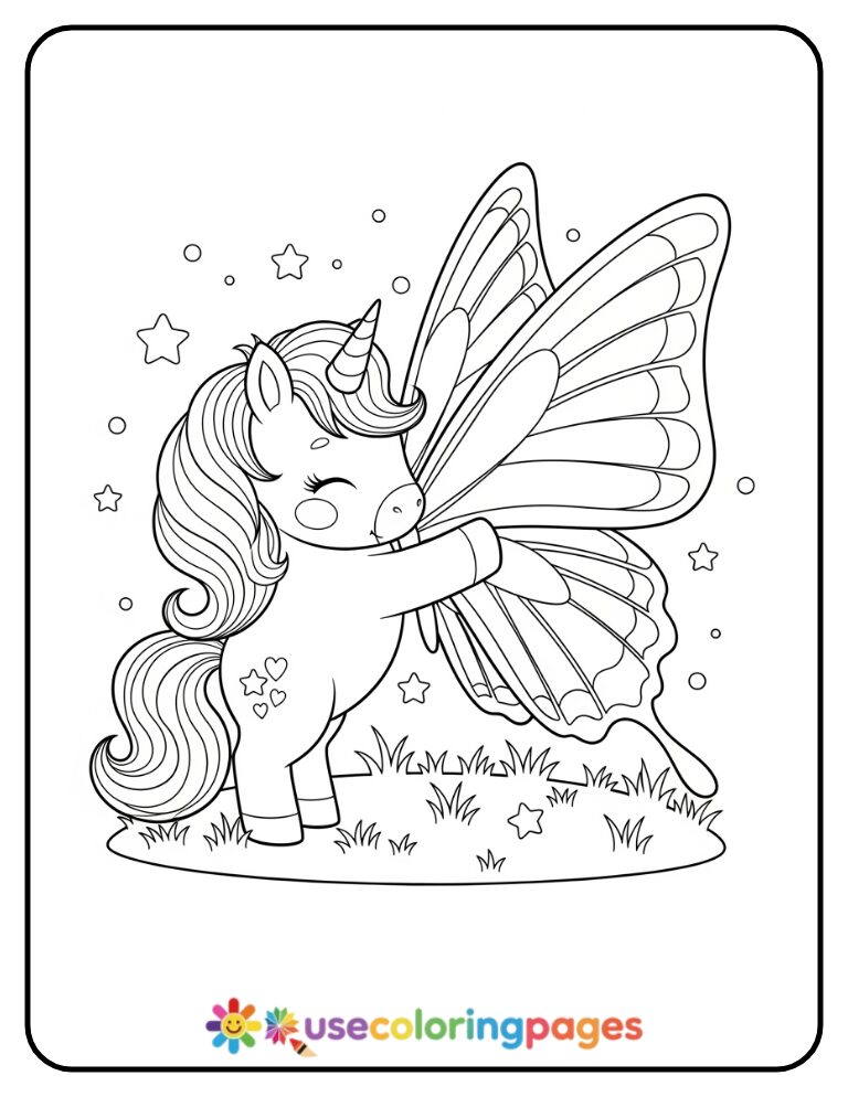 Unicorn Hugging A Giant Butterfly Coloring Page