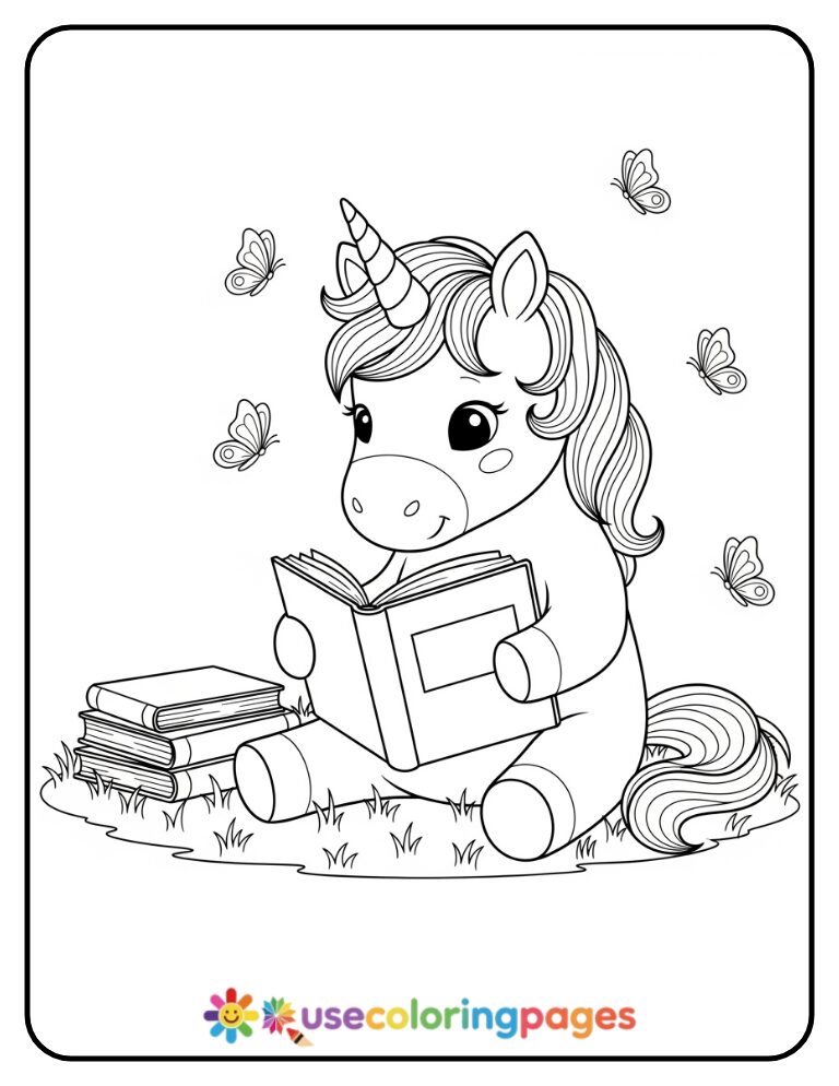 Unicorn Reading With Butterflies Coloring Page For Kids