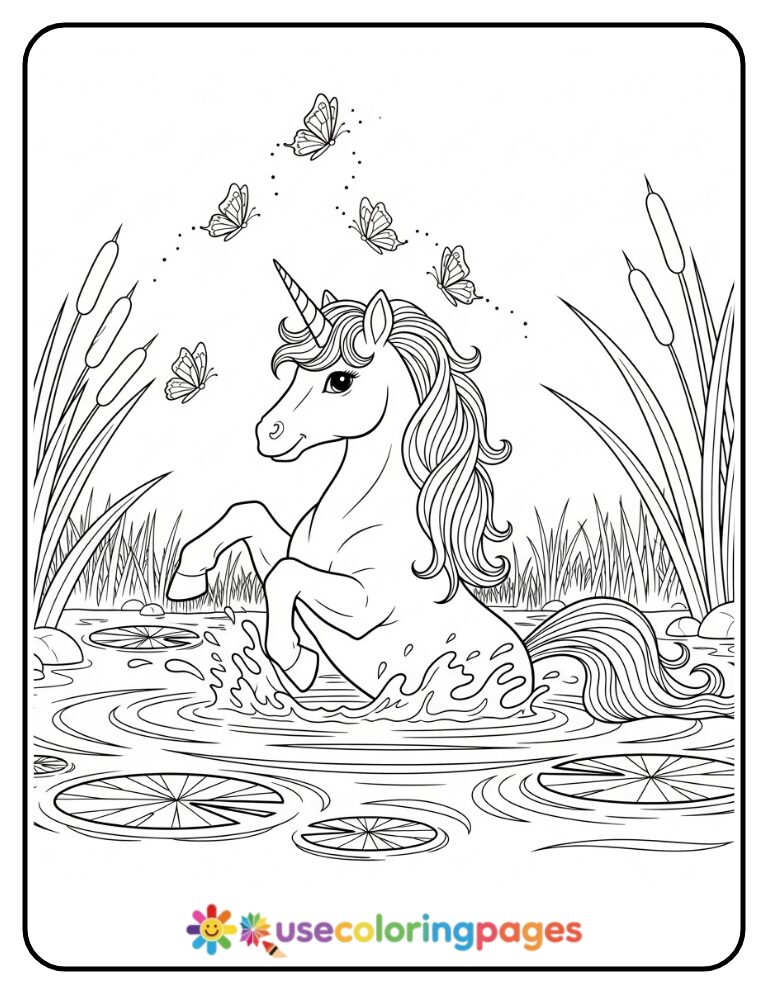 Unicorn Splashing In Butterfly Pond Coloring Page