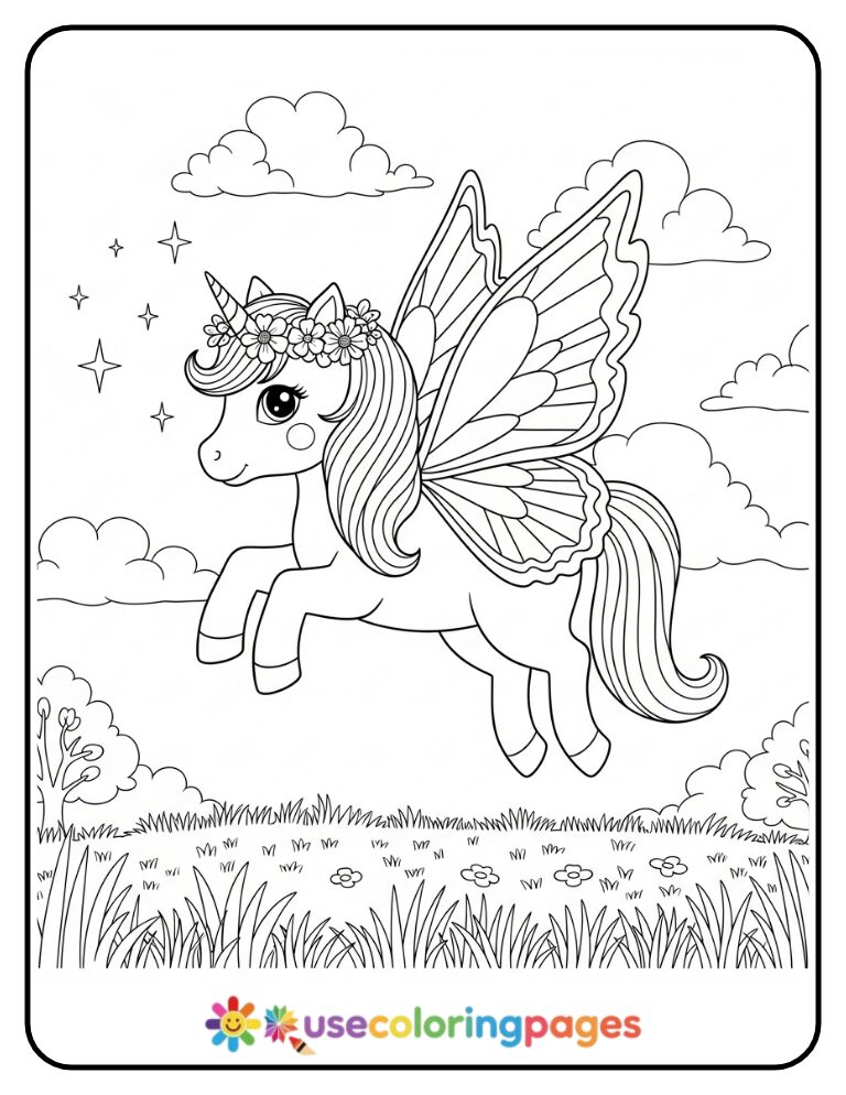 Unicorn With Butterfly Wings Coloring Page Printable