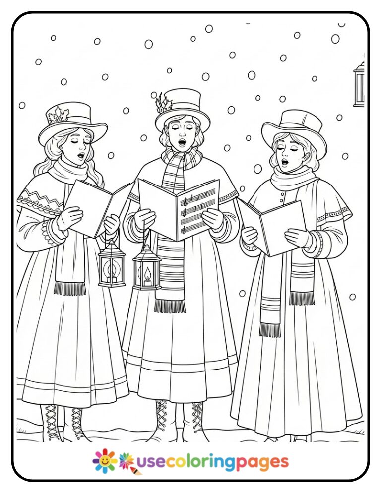 Victorian Carolers Singing in the Snow Coloring Page
