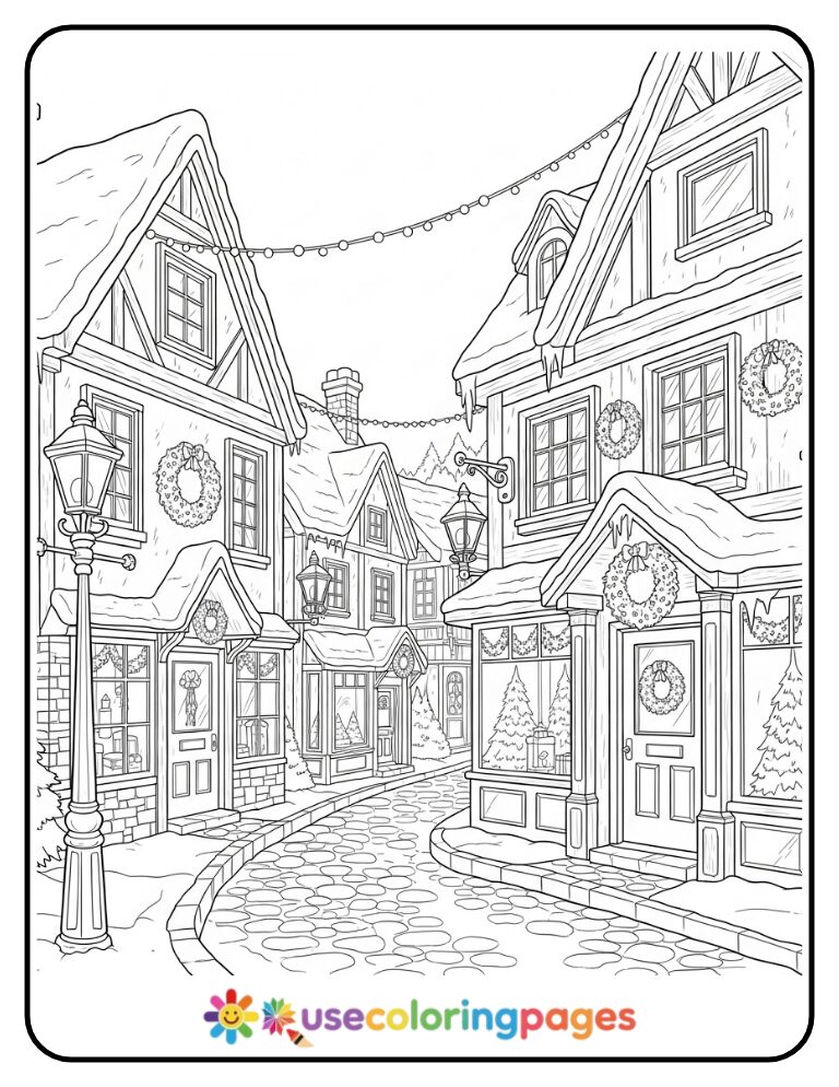 Vintage Christmas Village Street Coloring Page