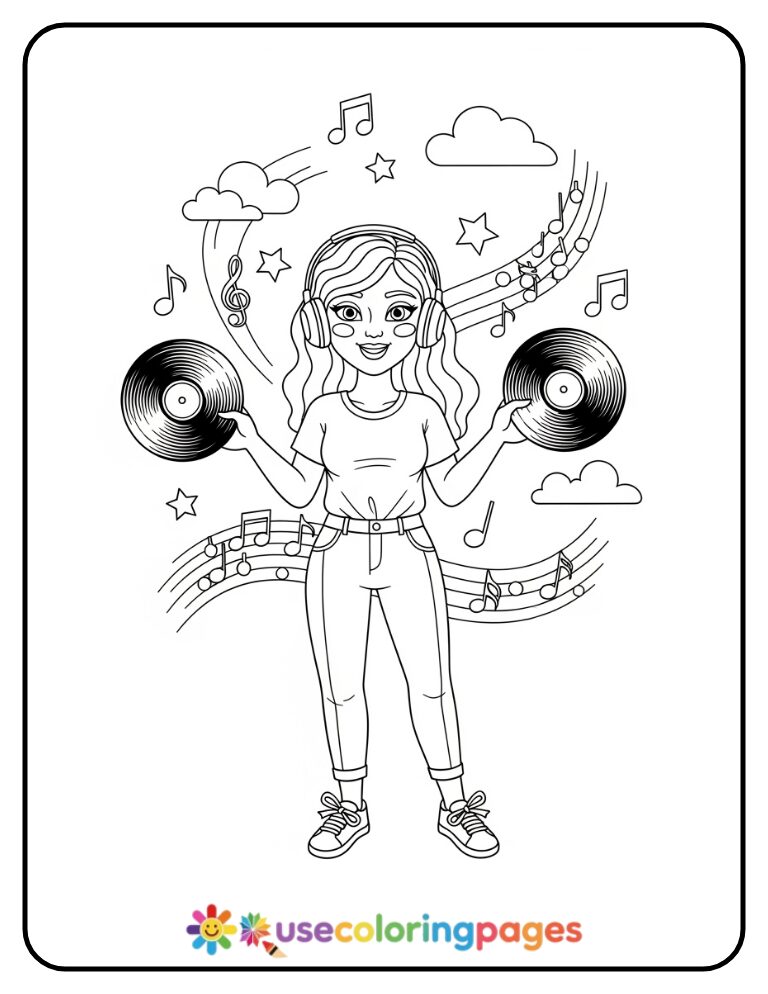 Vinyl Record Listening Coloring Page Printable