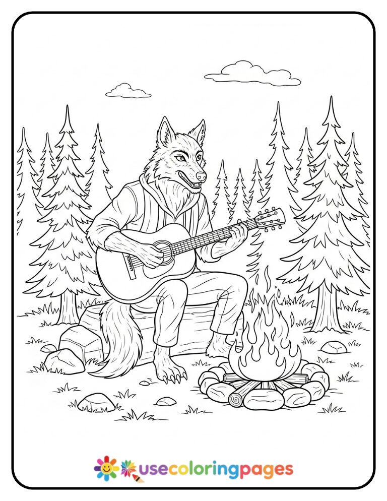 Werewolf Campfire Melody Coloring Page Printable