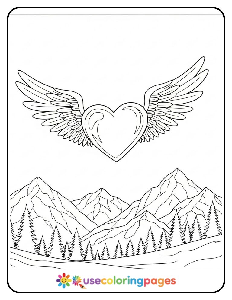 Winged Heart Over a Mountain Scene Coloring Page